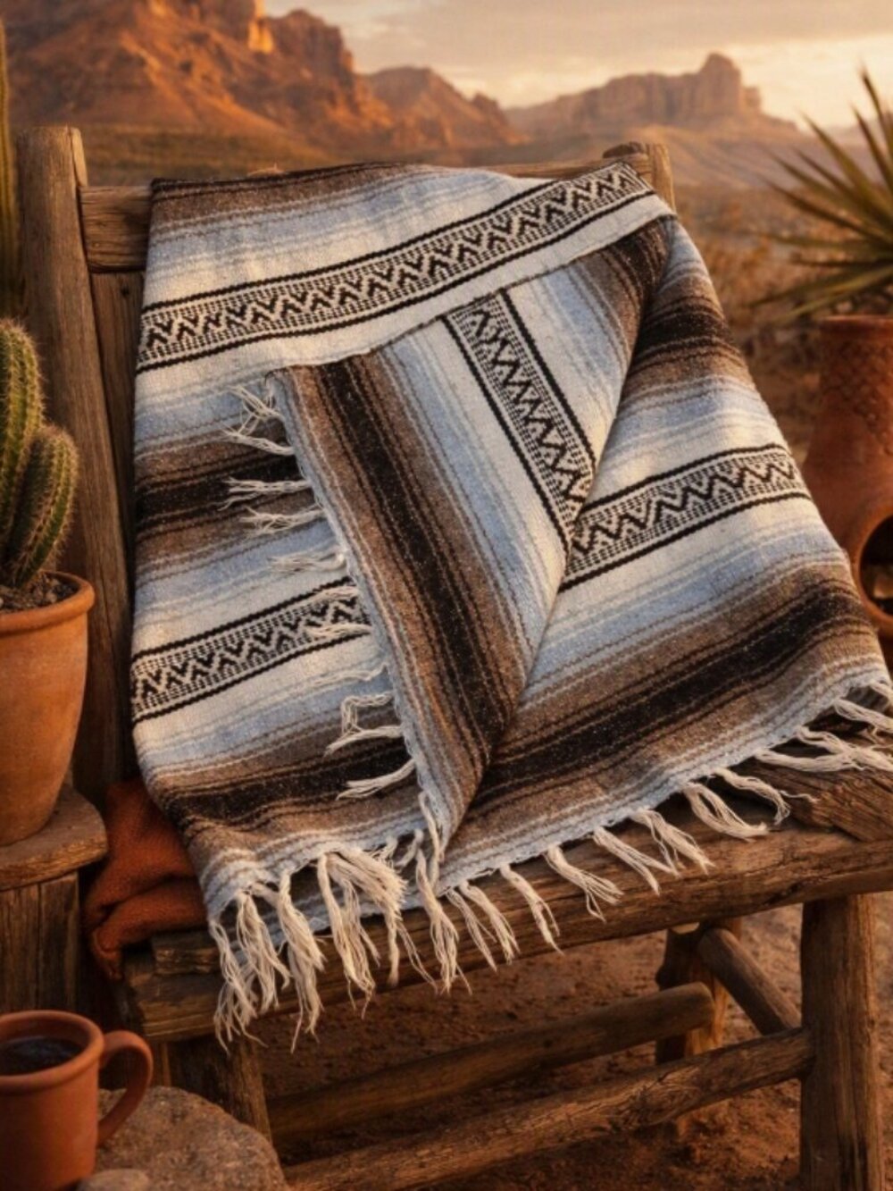 Franks Textiles Southwestern Woven Fringed Throw Blanket 58x35 Boho Serape Blue
